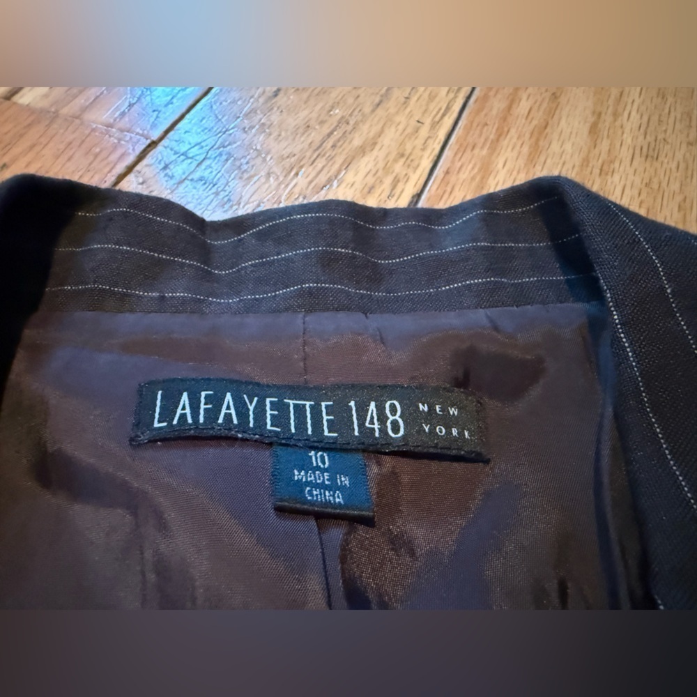 Lafayette 148 Blazer Brown Pinstripe 100% Linen 2 Button Career Jacket Women 10 - Picture 6 of 13